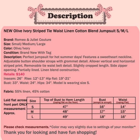 Striped Tie Waist Linen Cotton Jumpsuits $140 - Picture 8 of 8